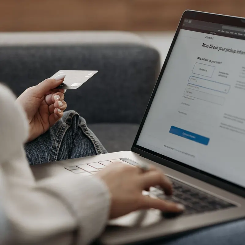 A woman holding a payment card while checking out of an online store on a laptop